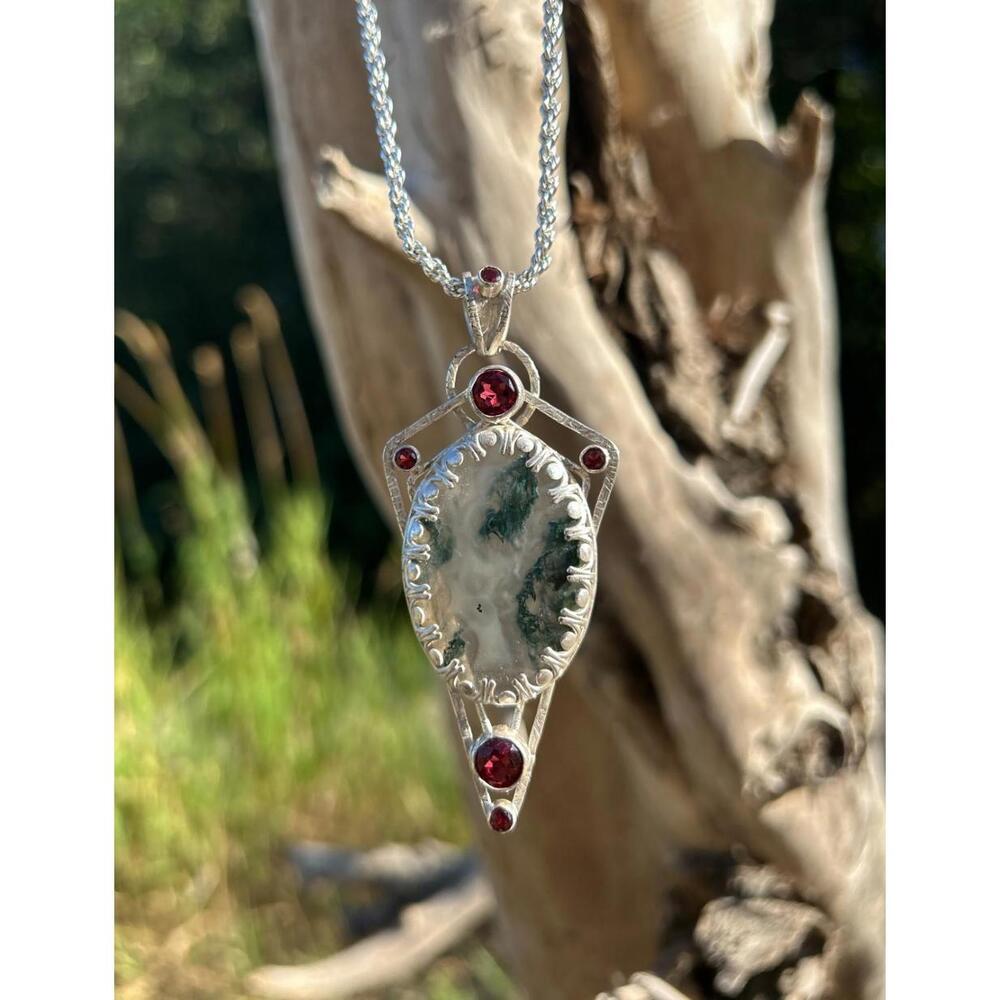 One-of-a-Kind Sustainably Made Recycled Sterling Silver Pendant Moss Agate